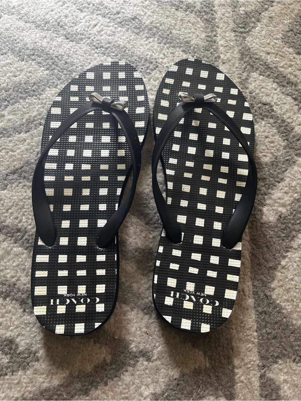 Coach Black & White Gingham Flip Flop Sandals with Silver Bow